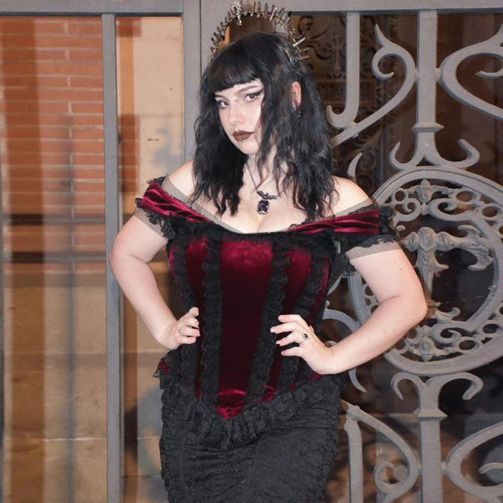 a woman wear a black red gothic dark slim suede lace tank top