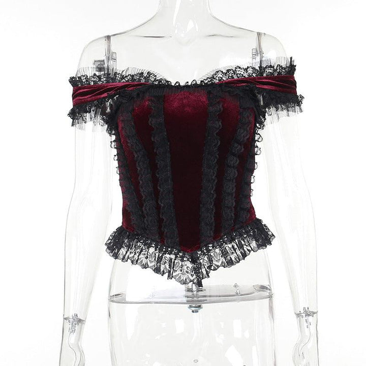 details of a black red gothic dark slim suede lace tank top