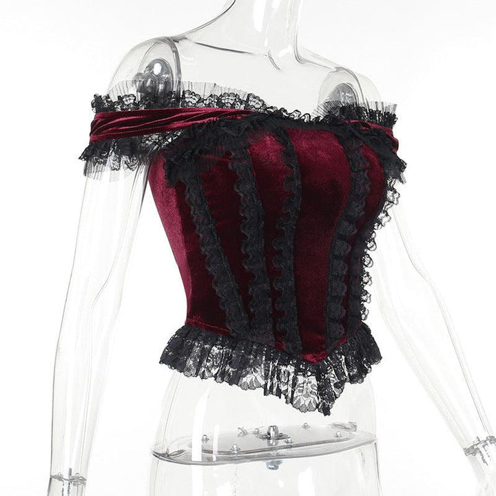 details of a black red gothic dark slim suede lace tank top