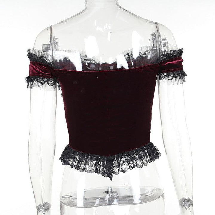 details of a black red gothic dark slim suede lace tank top