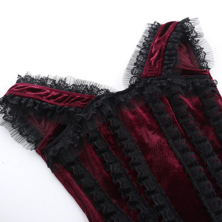 details of a black red gothic dark slim suede lace tank top