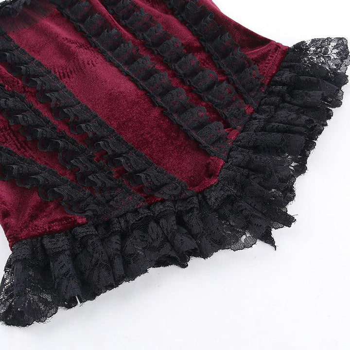 details of a black red gothic dark slim suede lace tank top