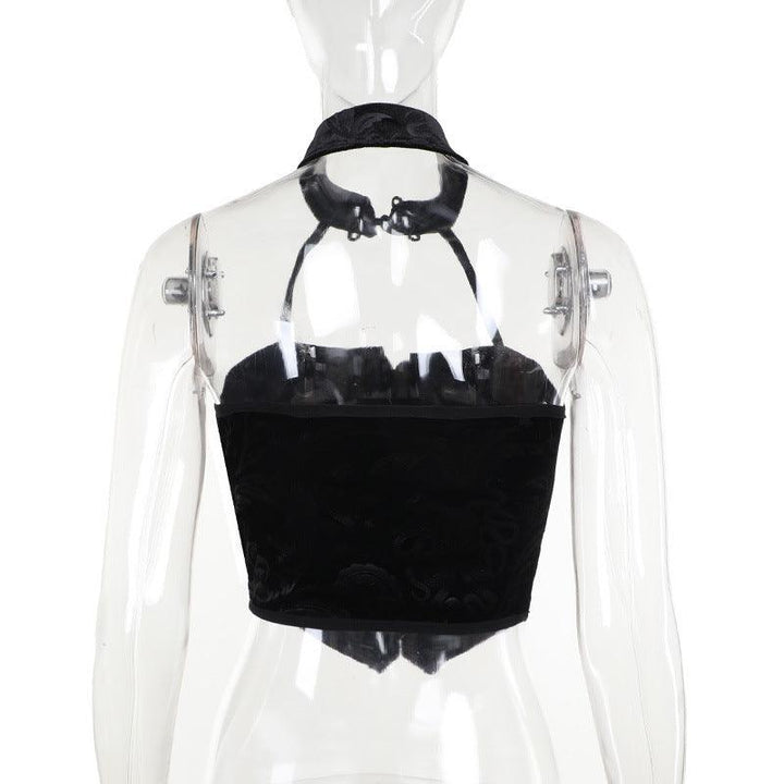 details of a black sexy goth outfit necklace sleeveless tank