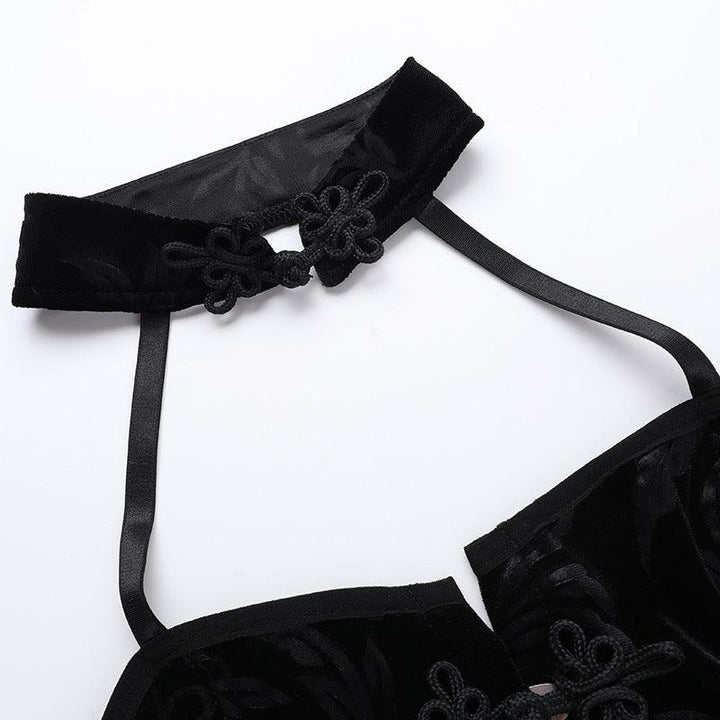 details of a black sexy goth outfit necklace sleeveless tank