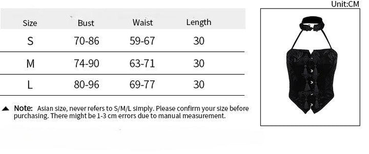 size chart of a black sexy goth outfit necklace sleeveless tank