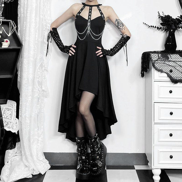 a woman wear a black sexy gothic formal dress