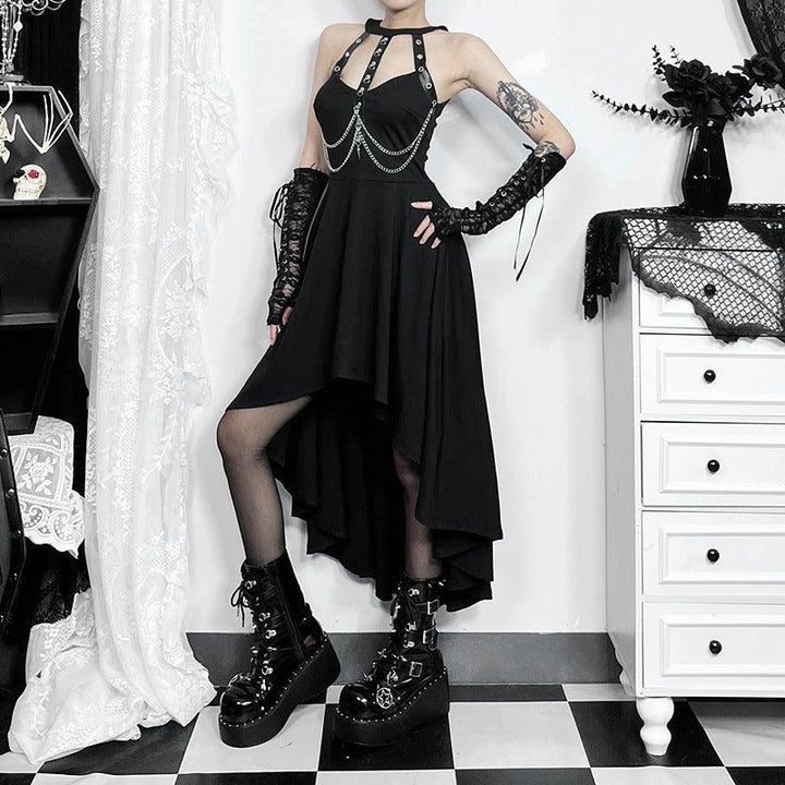 a woman wear a black sexy gothic formal dress