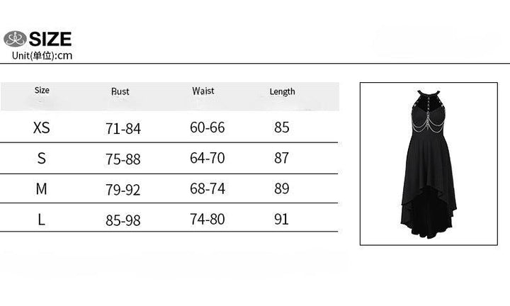 size chart of a black sexy gothic formal dress