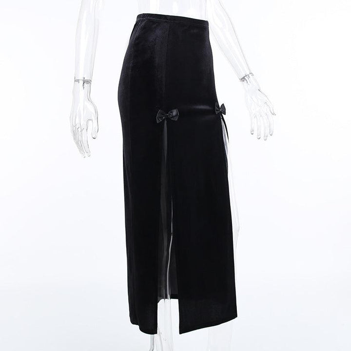 details of a black sexy gothic velvet half body long dress