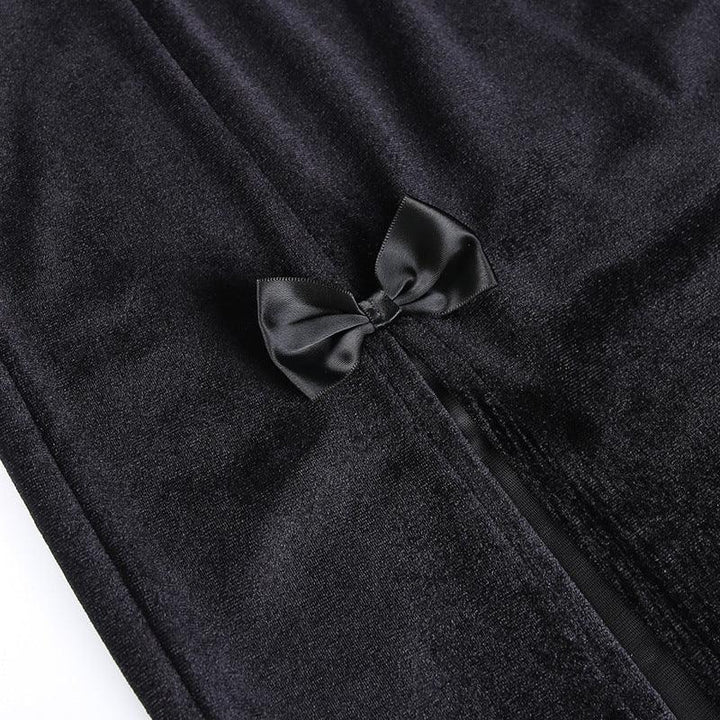 details of a black sexy gothic velvet half body long dress