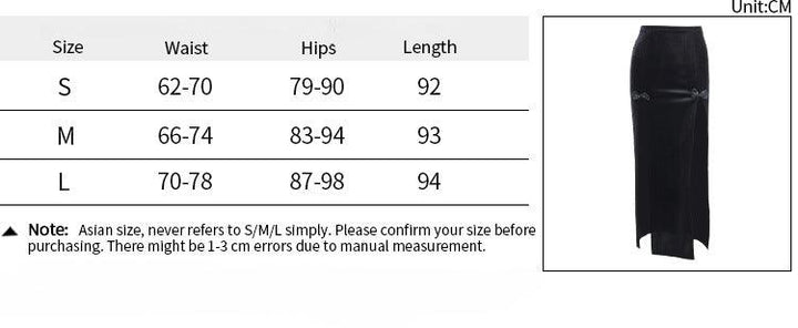 size chart of a black sexy gothic velvet half body long dress