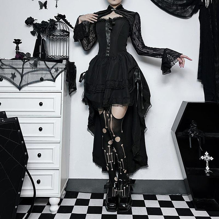 a woman wear a black sleeveless lolita corset long dress