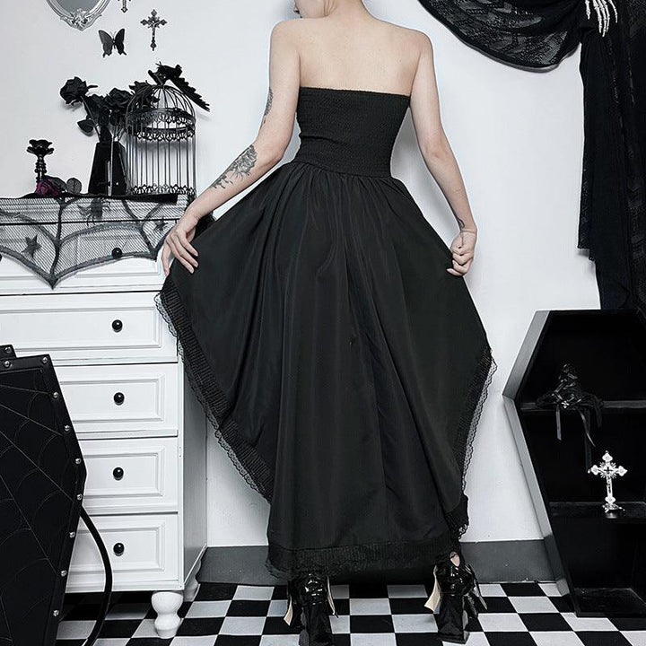 a woman wear a black sleeveless lolita corset long dress