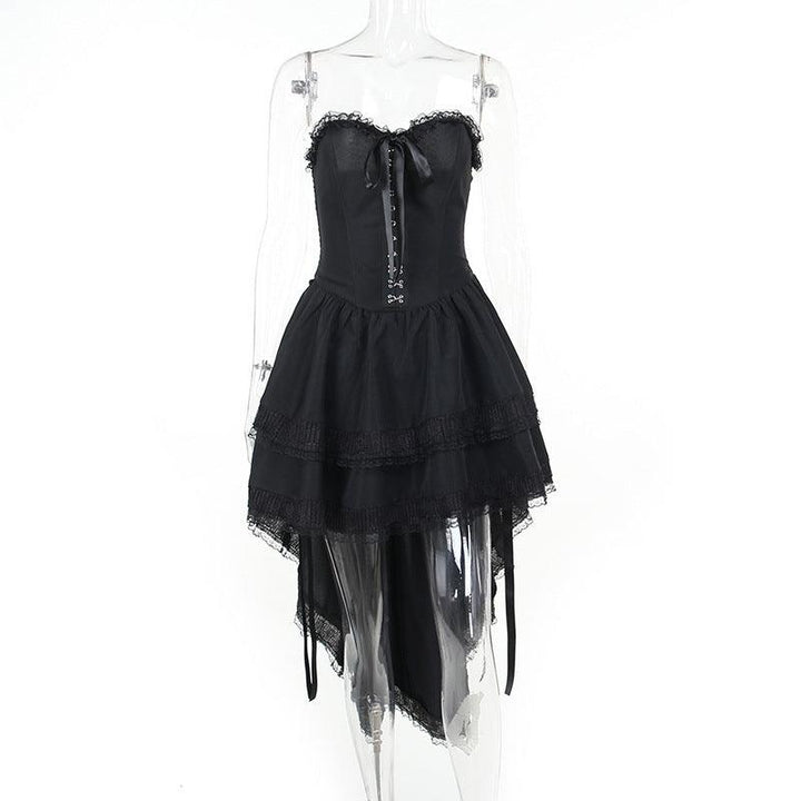 detailds of a black sleeveless lolita corset long dress