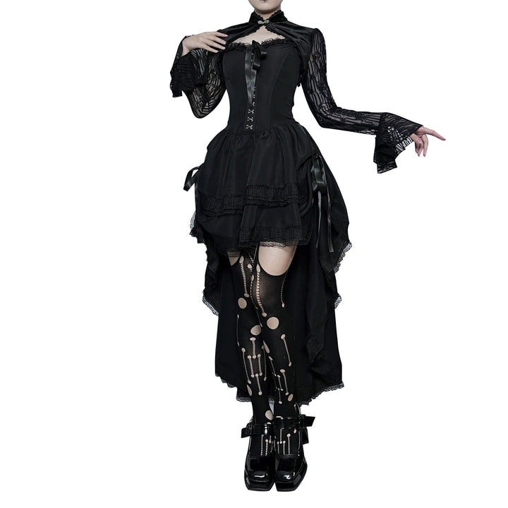 detailds of a black sleeveless lolita corset long dress