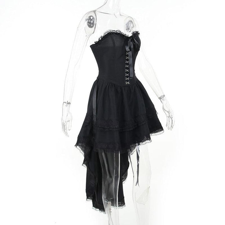 detailds of a black sleeveless lolita corset long dress