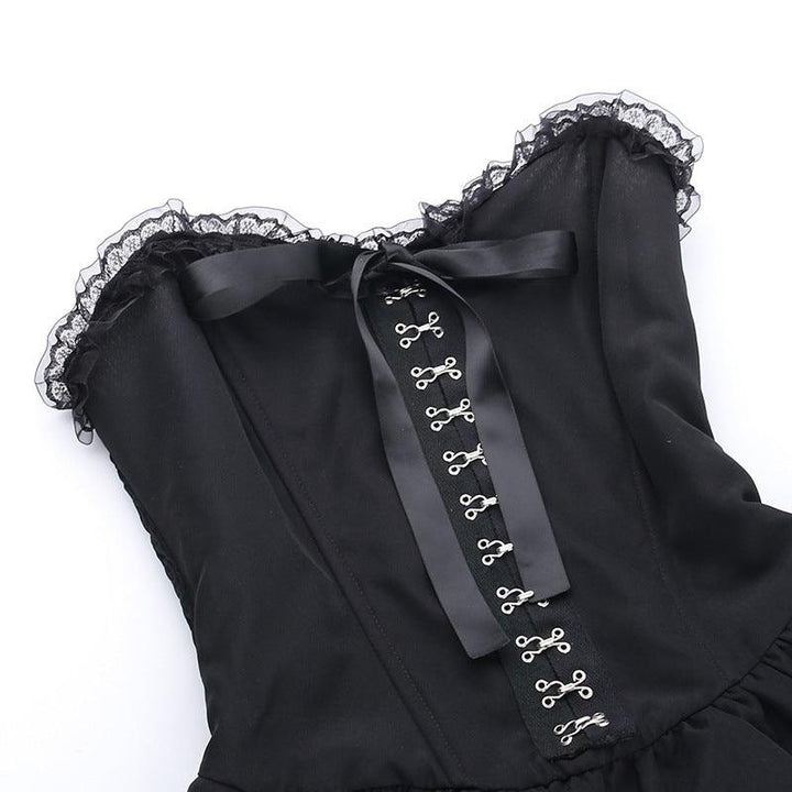 detailds of a black sleeveless lolita corset long dress