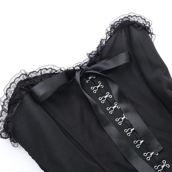 detailds of a black sleeveless lolita corset long dress