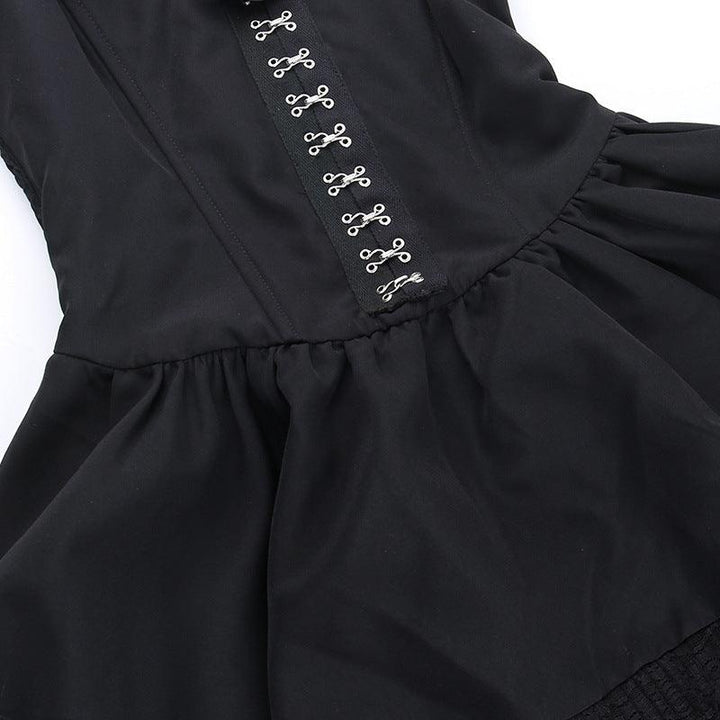 detailds of a black sleeveless lolita corset long dress