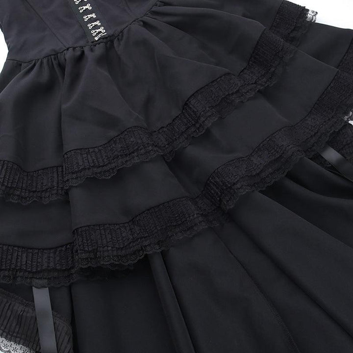 detailds of a black sleeveless lolita corset long dress