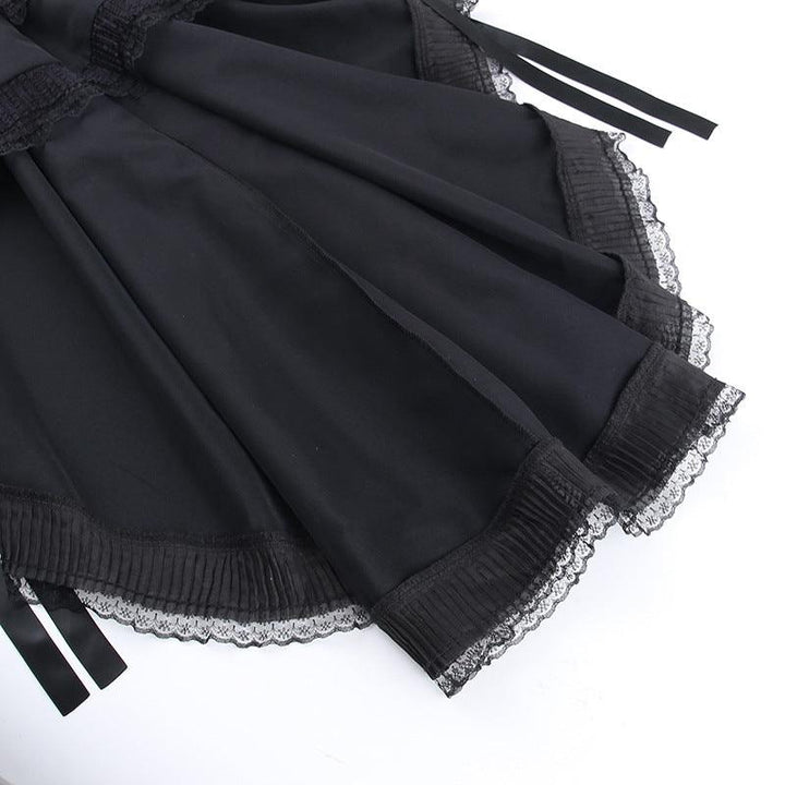 detailds of a black sleeveless lolita corset long dress