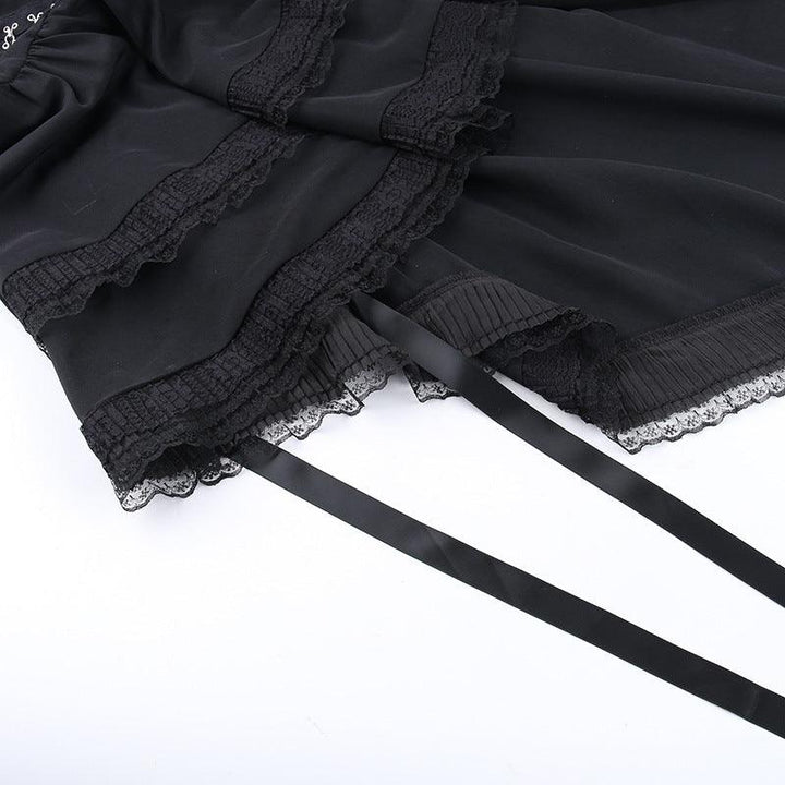 detailds of a black sleeveless lolita corset long dress