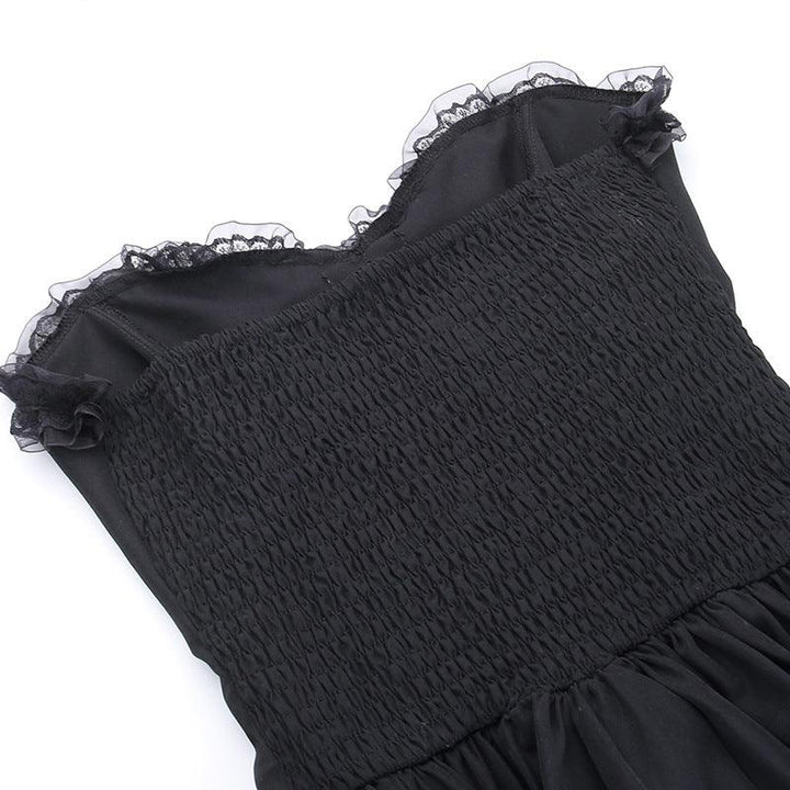 detailds of a black sleeveless lolita corset long dress