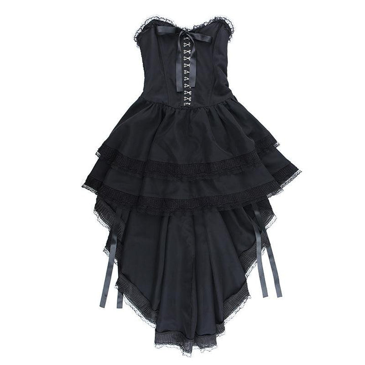 detailds of a black sleeveless lolita corset long dress