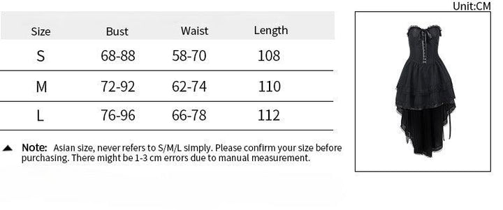size chart of a black sleeveless lolita corset long dress