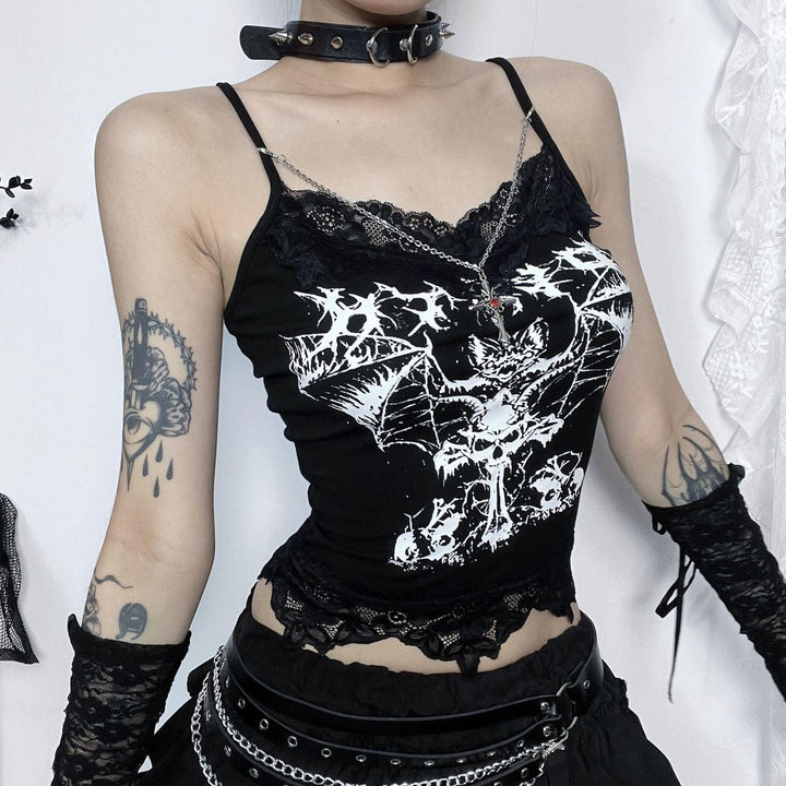 a woman wear a black bat print sleeveless tank top