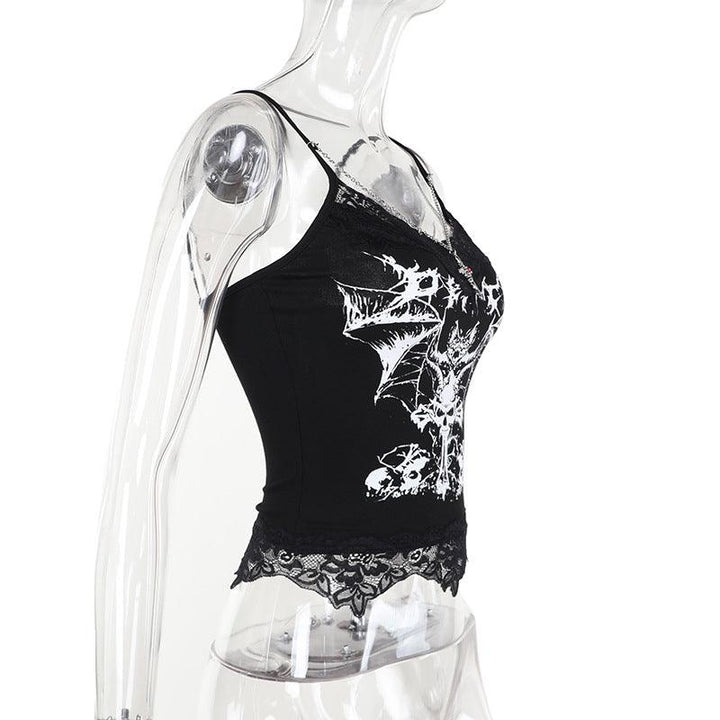 details of a black bat print sleeveless tank top