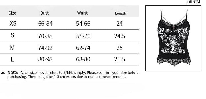 size chart of a black bat print sleeveless tank top