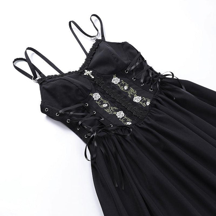 details of a black sleeveless vampire gothic wedding dress