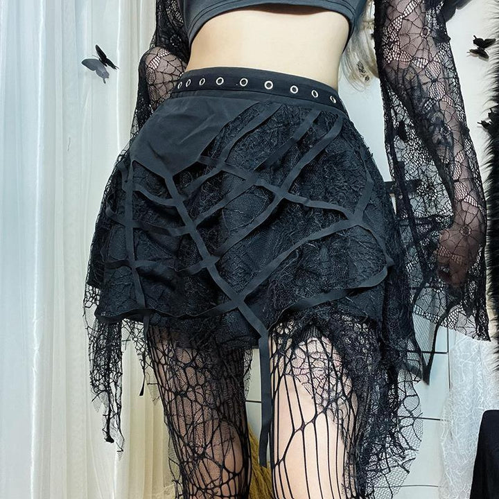 a woman wear a black steampunk gothic half body dress