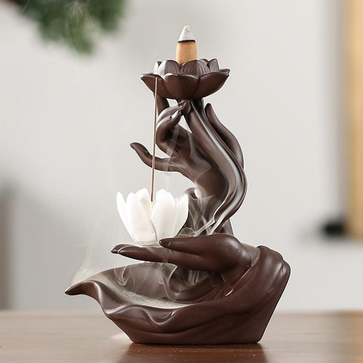 buddha hand lotus zen garden reversing incense burner holder on the table