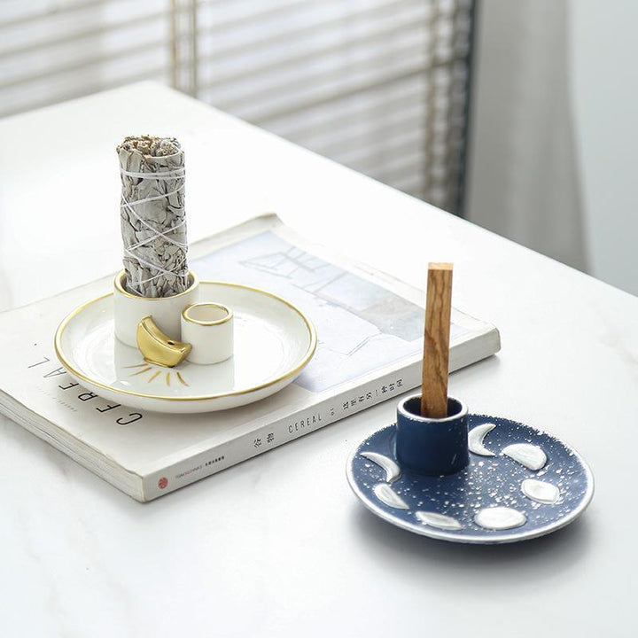 blue and white gold ceramic incense burner base burning tray