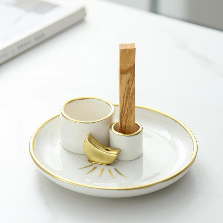 white and gold ceramic incense burner base burning tray