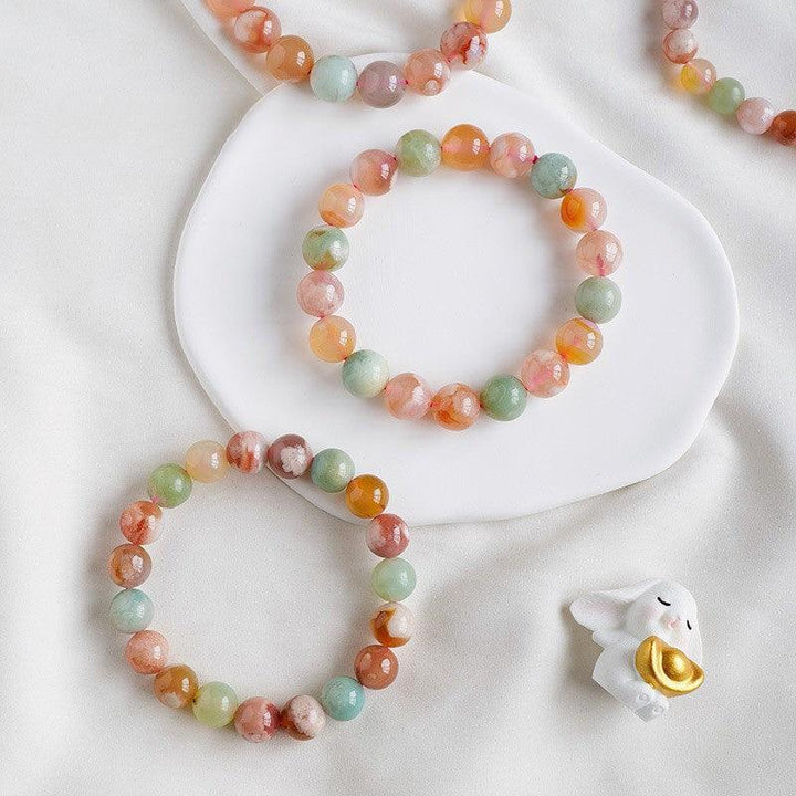 green cherry blossom agate round bead crystal bracelet