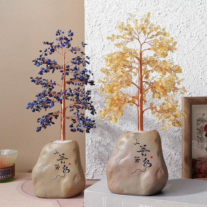 two citrine gemstone bonsai tree with chinese style pot base