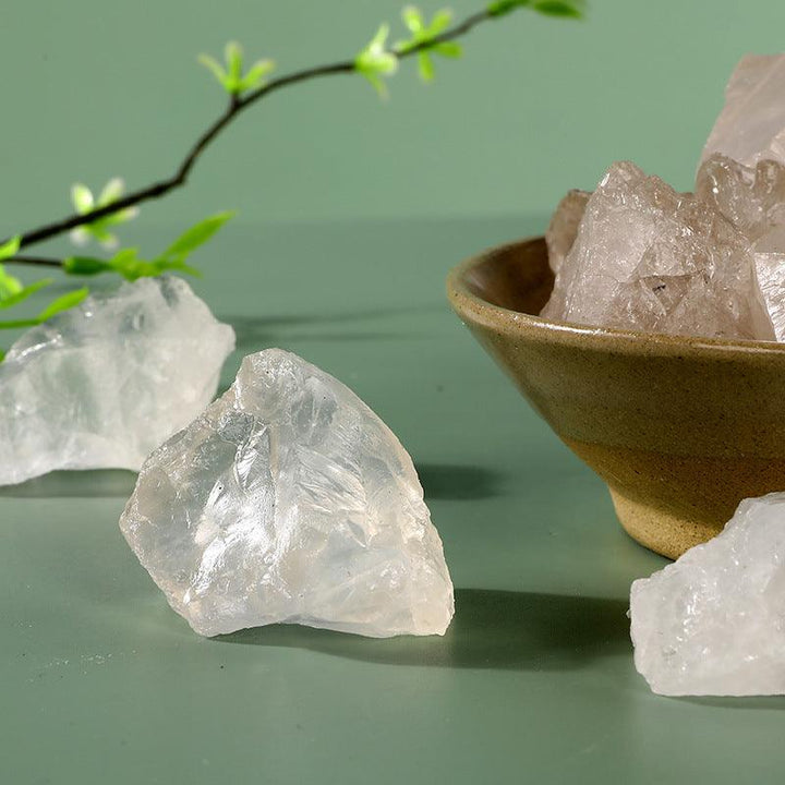 details of clear crystal raw stone aromatherapy incense stone