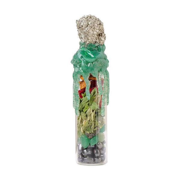 crystal and chalcopyrite magic bottle spell jar ornament