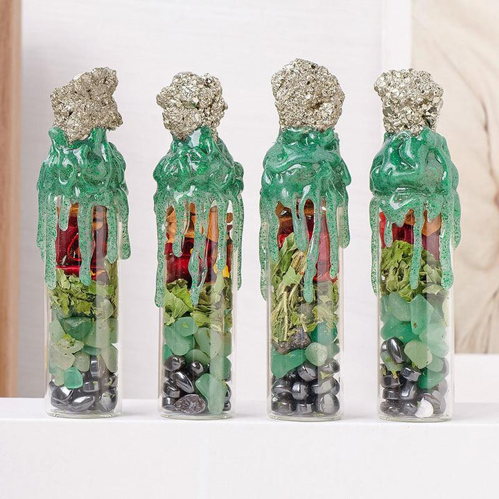 crystal and chalcopyrite magic bottle spell jar ornament