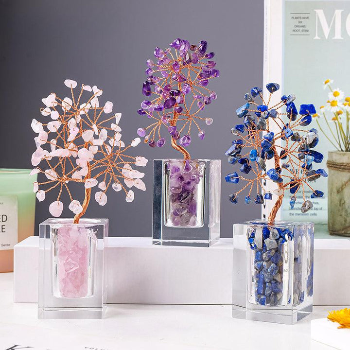 three crystal bonsai tree with transparent glass bottle base