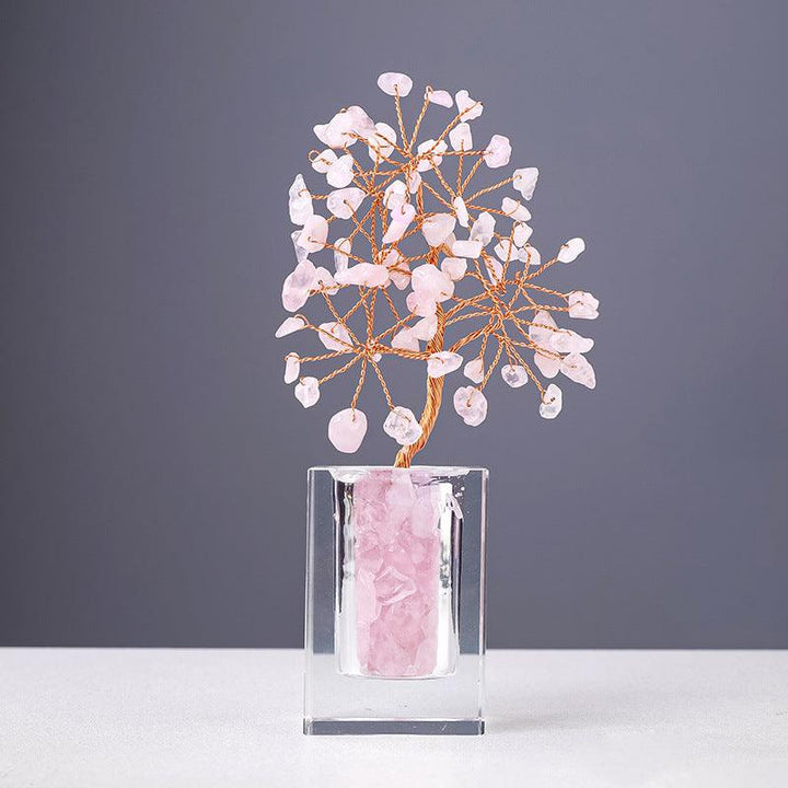 rose quartz crystal bonsai tree with transparent glass bottle base
