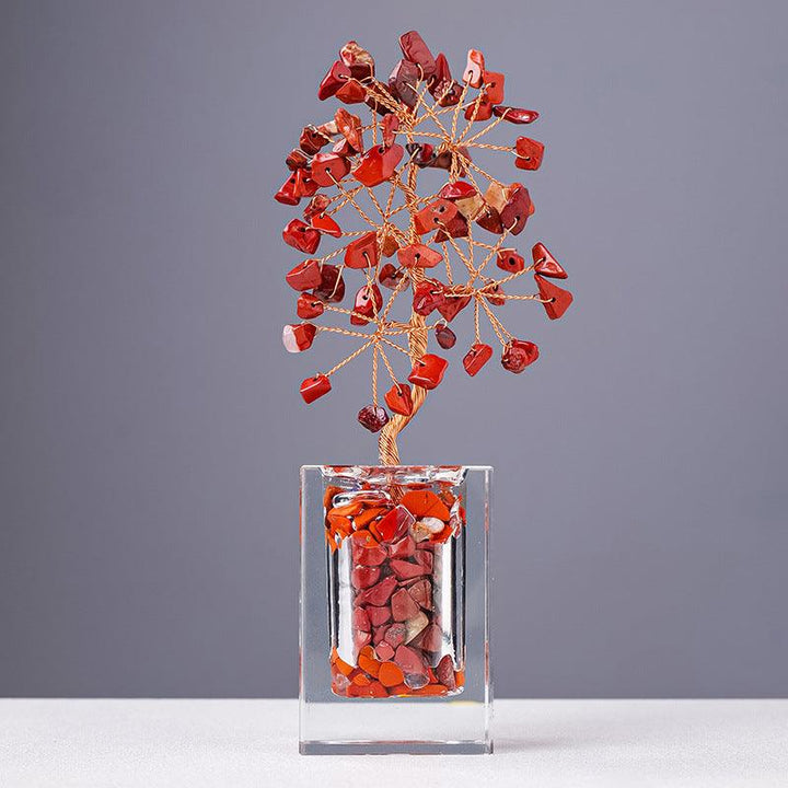 red agate crystal bonsai tree with transparent glass bottle base