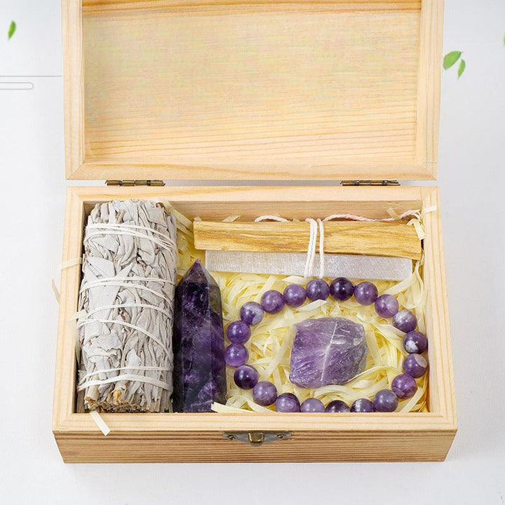 crystal bracelet and white sage purification wood box gift set