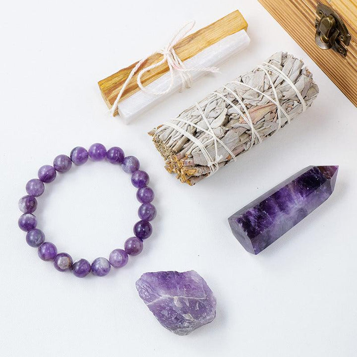 details of crystal bracelet and white sage purification wood box gift set