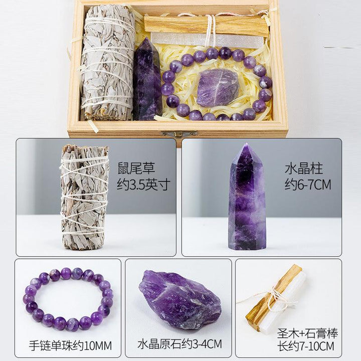 the package of crystal bracelet and white sage purification wood box gift set