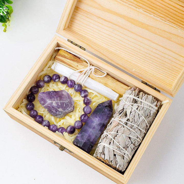amethyst crystal bracelet and white sage purification wood box gift set