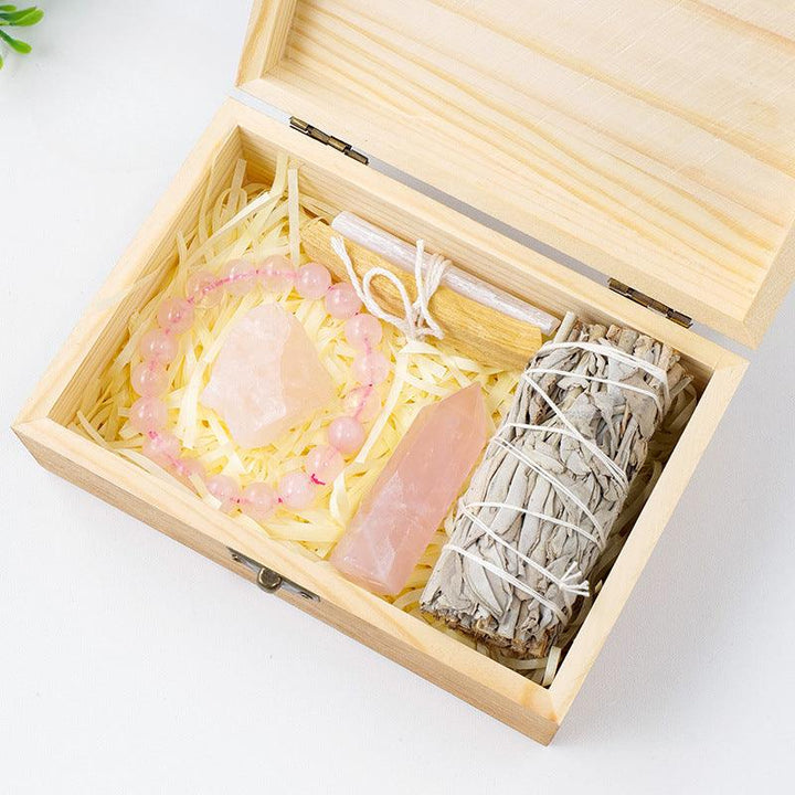 rose quartz crystal bracelet and white sage purification wood box gift set